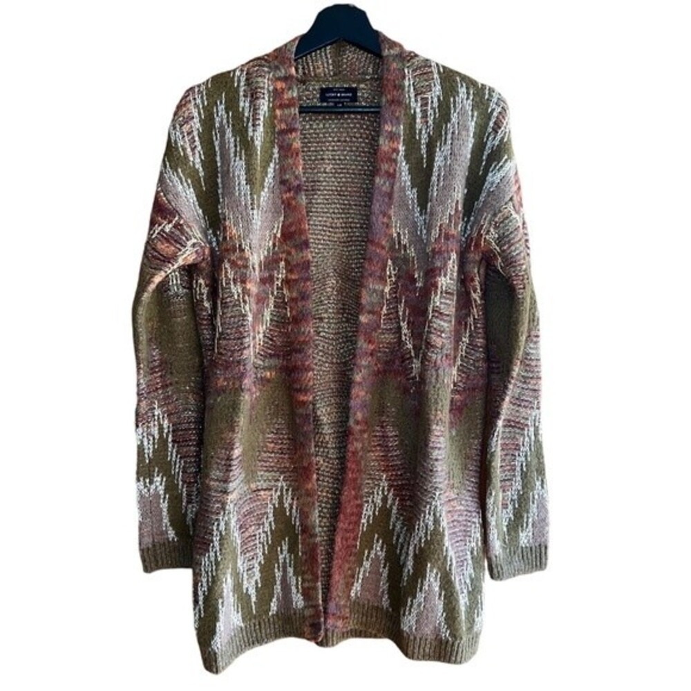 Lucky Brand Sweater Womens S Open Knit Tan Olive Metallic Cardigan Wool Blend